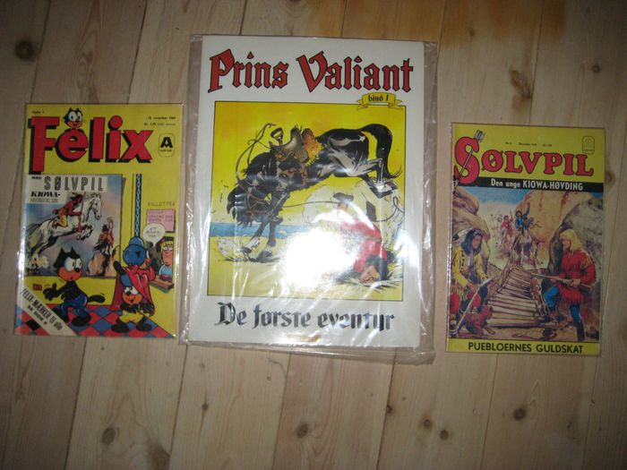 Her ser du nr 1 af Prins Valiant - Sølvpil nr 1 fra 1970 - Felix nr 1 fra 1969, der indeholder den første historie med Sølvpil i Danmark